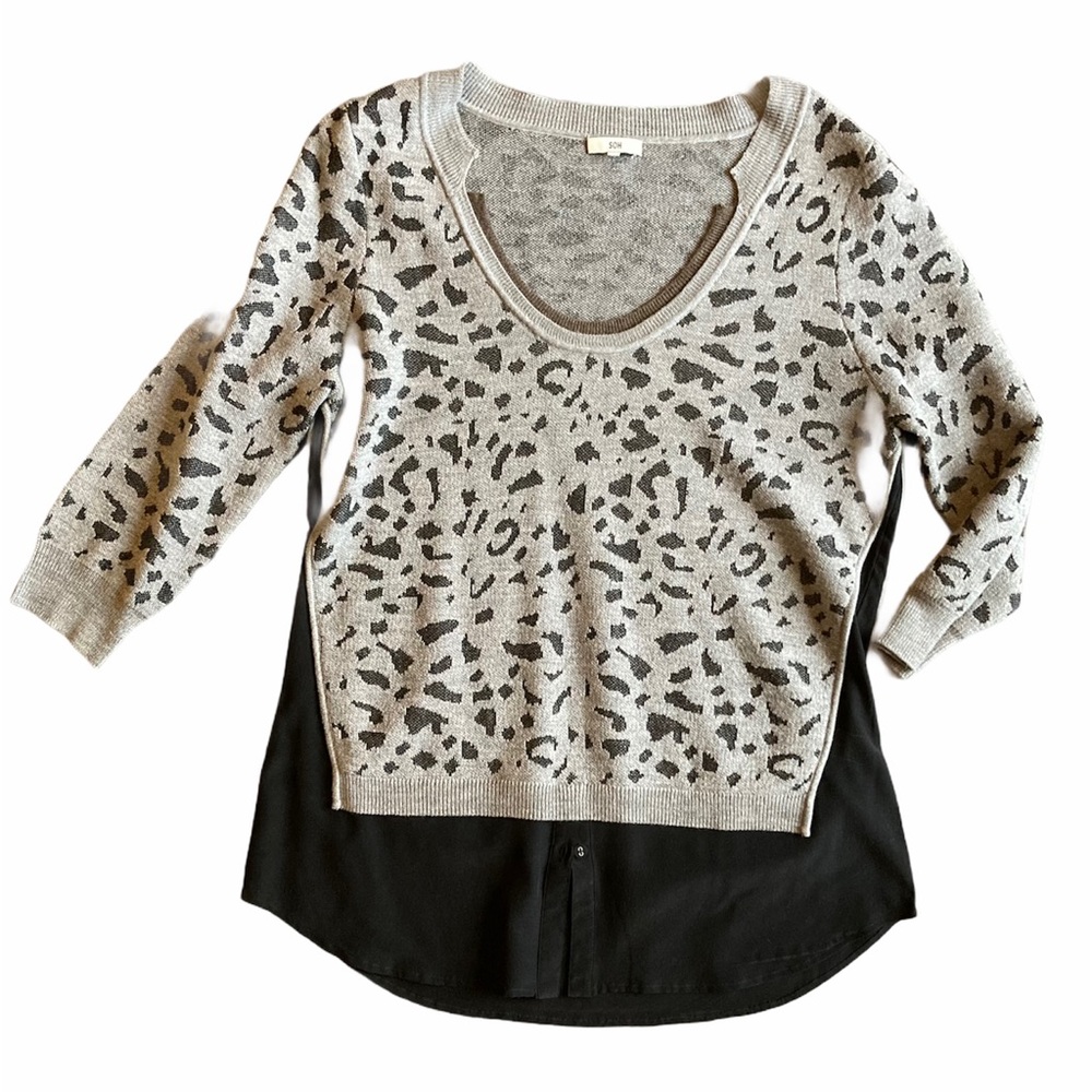 SOH Grey and Black Leopard Pullover w/ Woven Back